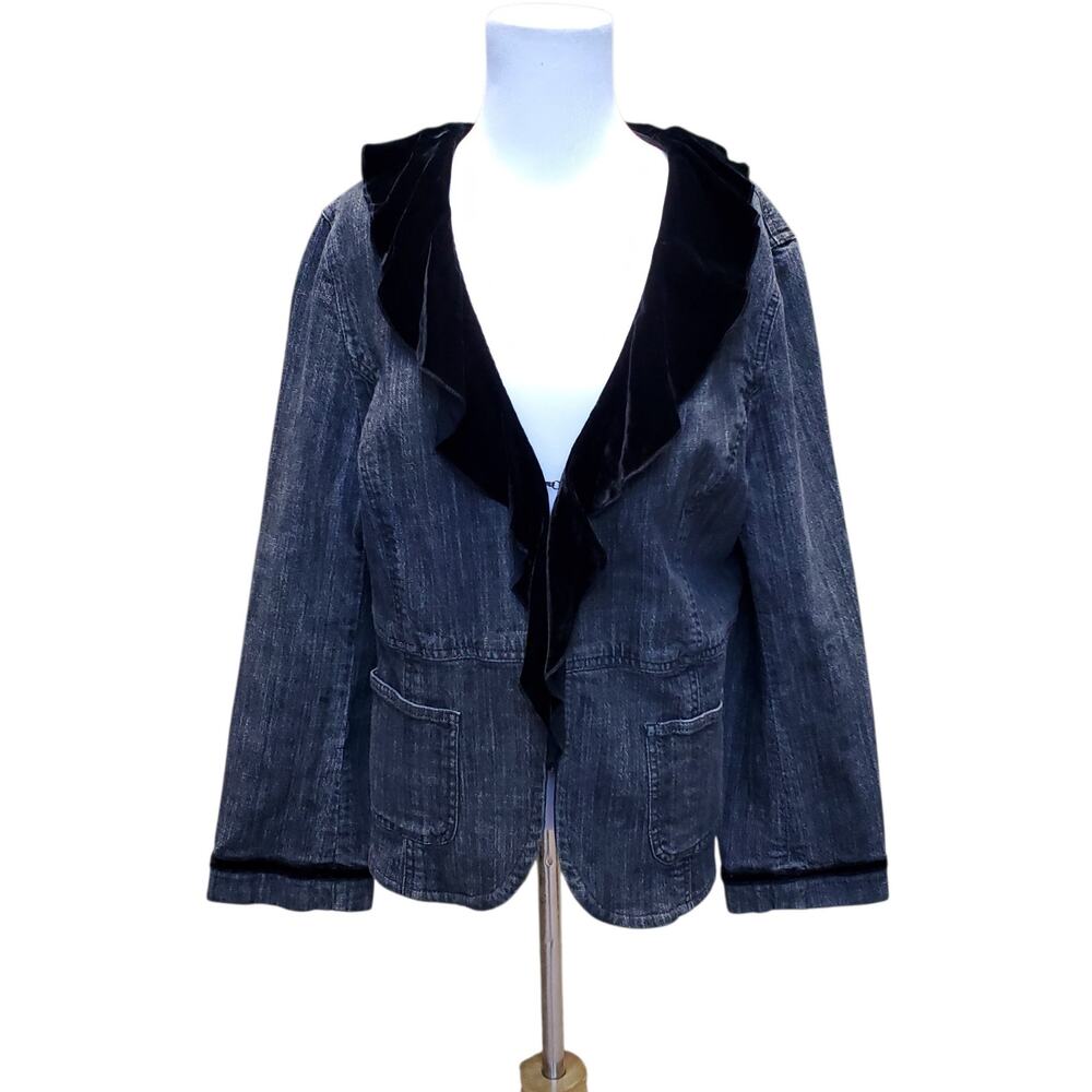 J. Jill y2k 90s Black Gray Denim Jacket Whimsigoth Cottage Velvet Trim Sz 16